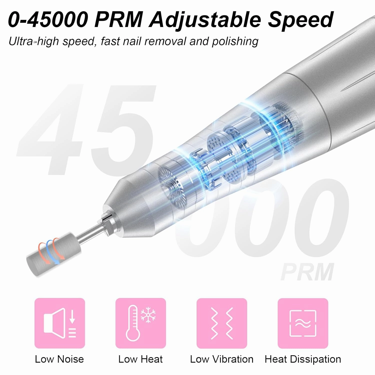 Electric Nail Drill Professional: 45000RPM Rechargeable Nail File with Bits for Acrylic Gel Nails, Professional Nail Drill Manicure Pedicure Polishing Shape Tools for Home Salon