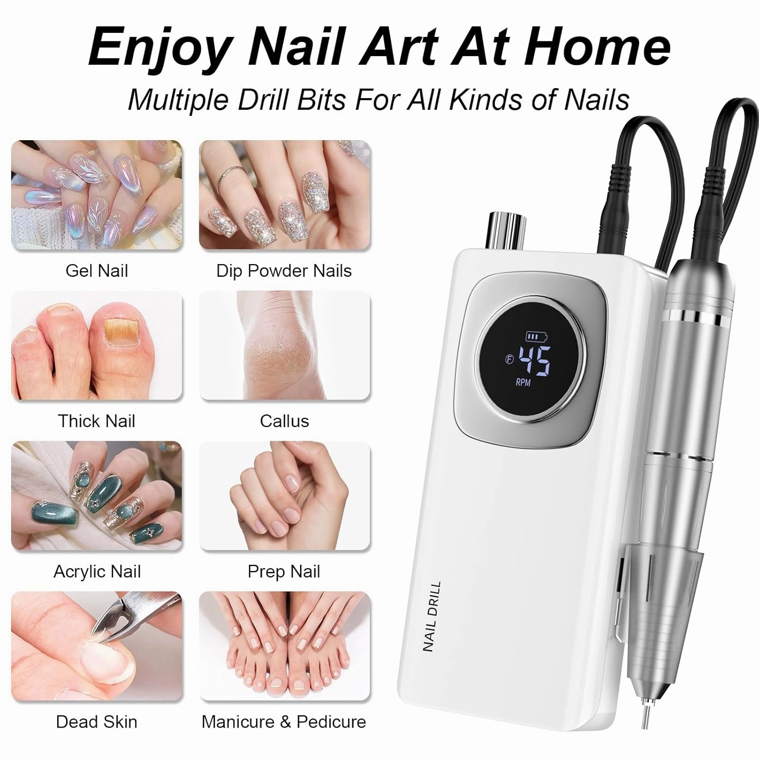 Electric Nail Drill Professional: 45000RPM Rechargeable Nail File with Bits for Acrylic Gel Nails, Professional Nail Drill Manicure Pedicure Polishing Shape Tools for Home Salon