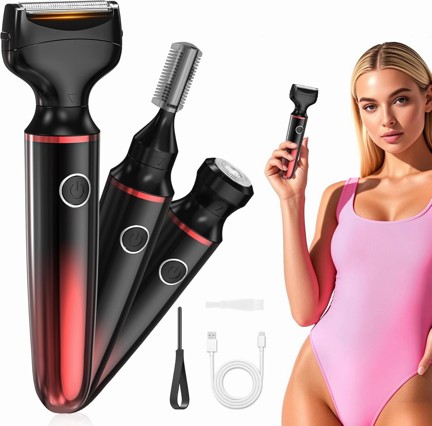 Electric Razors for Women, 3 in 1 Womens Electric Leg Shaver Cordless Painless Facial Hair Removal for Arms, Underarms, Eyebrows Bikini Trimmer, Portable and Wet and Dry Use Women Shaver(CherryRed)