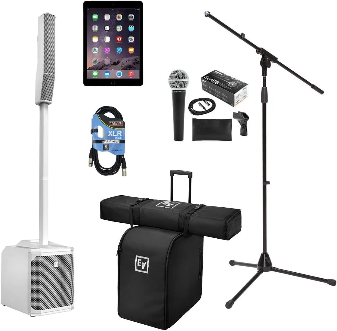 Electro-Voice Evolve 30M White – Carrying and Rolling Bag – Ipad Air 2 16GB Reconditioned – SM58 Mic – XLR Cable – Mic Stand