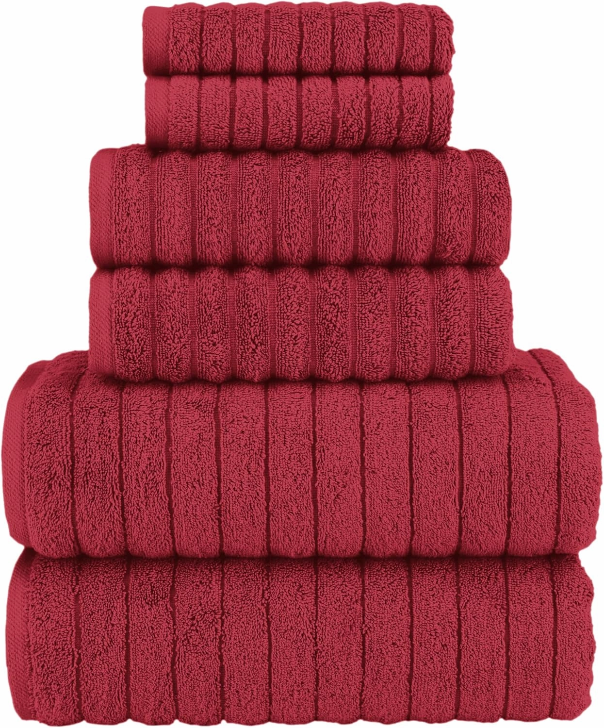 Elegant Comfort 100% Turkish Cotton Corduroy Ribbed Luxury Bath Towels 6-Piece Set, Premium Feel - Quick Dry, Highly Absorbent, Contains 2 Bath Towels, 2 Hand Towels, and 2 Washcloths, Burgundy
