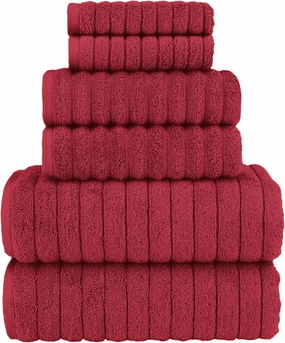 Elegant Comfort 100% Turkish Cotton Corduroy Ribbed Luxury Bath Towels 6-Piece Set, Premium Feel - Quick Dry, Highly Absorbent, Contains 2 Bath Towels, 2 Hand Towels, and 2 Washcloths, Burgundy