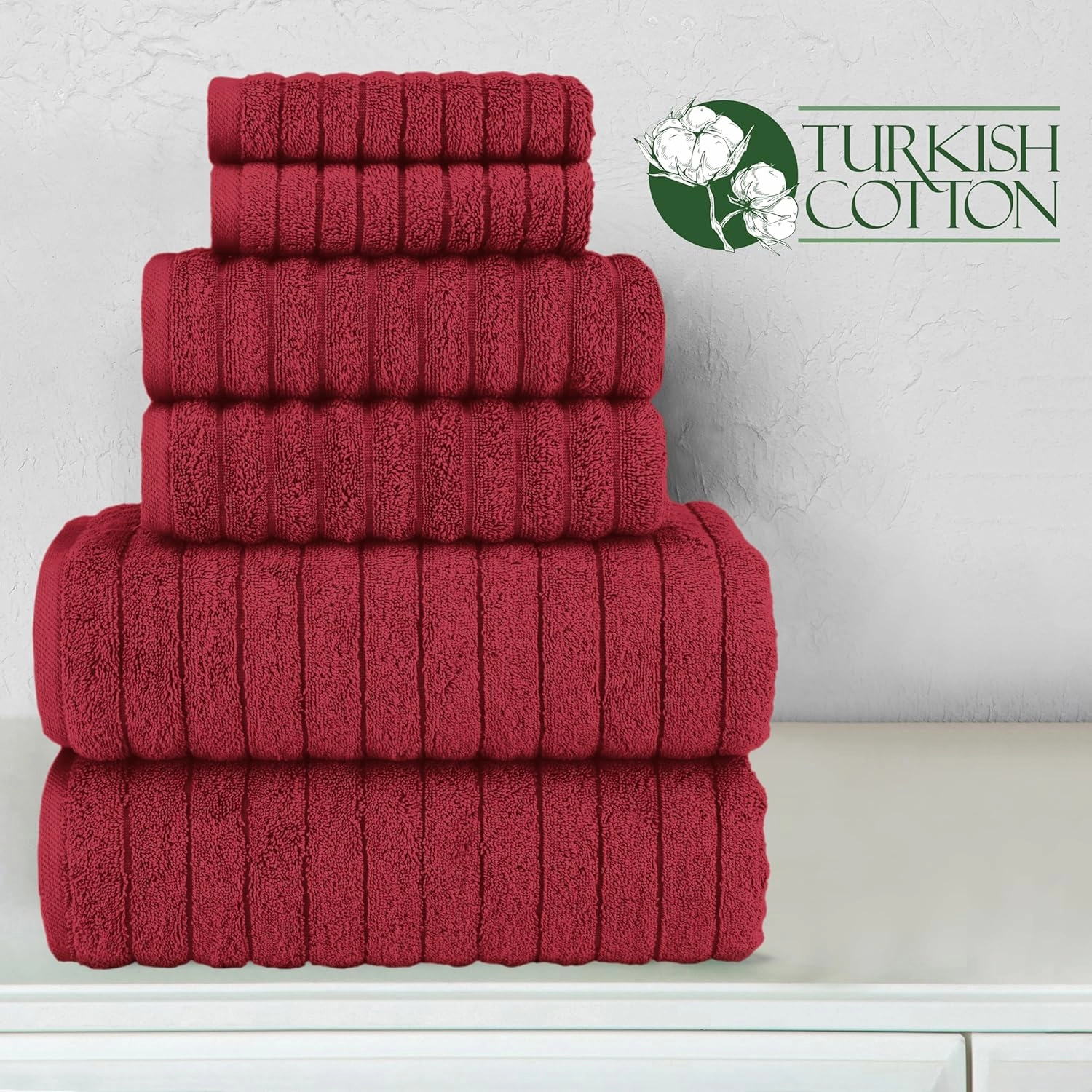 Elegant Comfort 100% Turkish Cotton Corduroy Ribbed Luxury Bath Towels 6-Piece Set, Premium Feel - Quick Dry, Highly Absorbent, Contains 2 Bath Towels, 2 Hand Towels, and 2 Washcloths, Burgundy