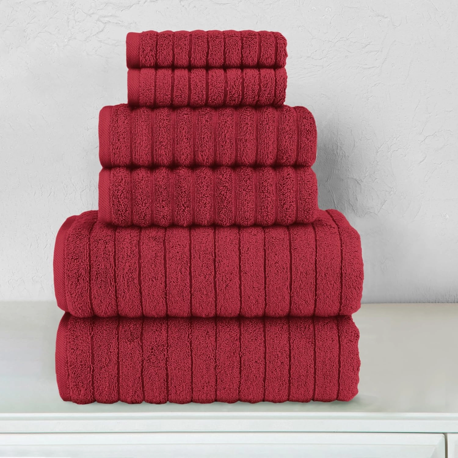 Elegant Comfort 100% Turkish Cotton Corduroy Ribbed Luxury Bath Towels 6-Piece Set, Premium Feel - Quick Dry, Highly Absorbent, Contains 2 Bath Towels, 2 Hand Towels, and 2 Washcloths, Burgundy