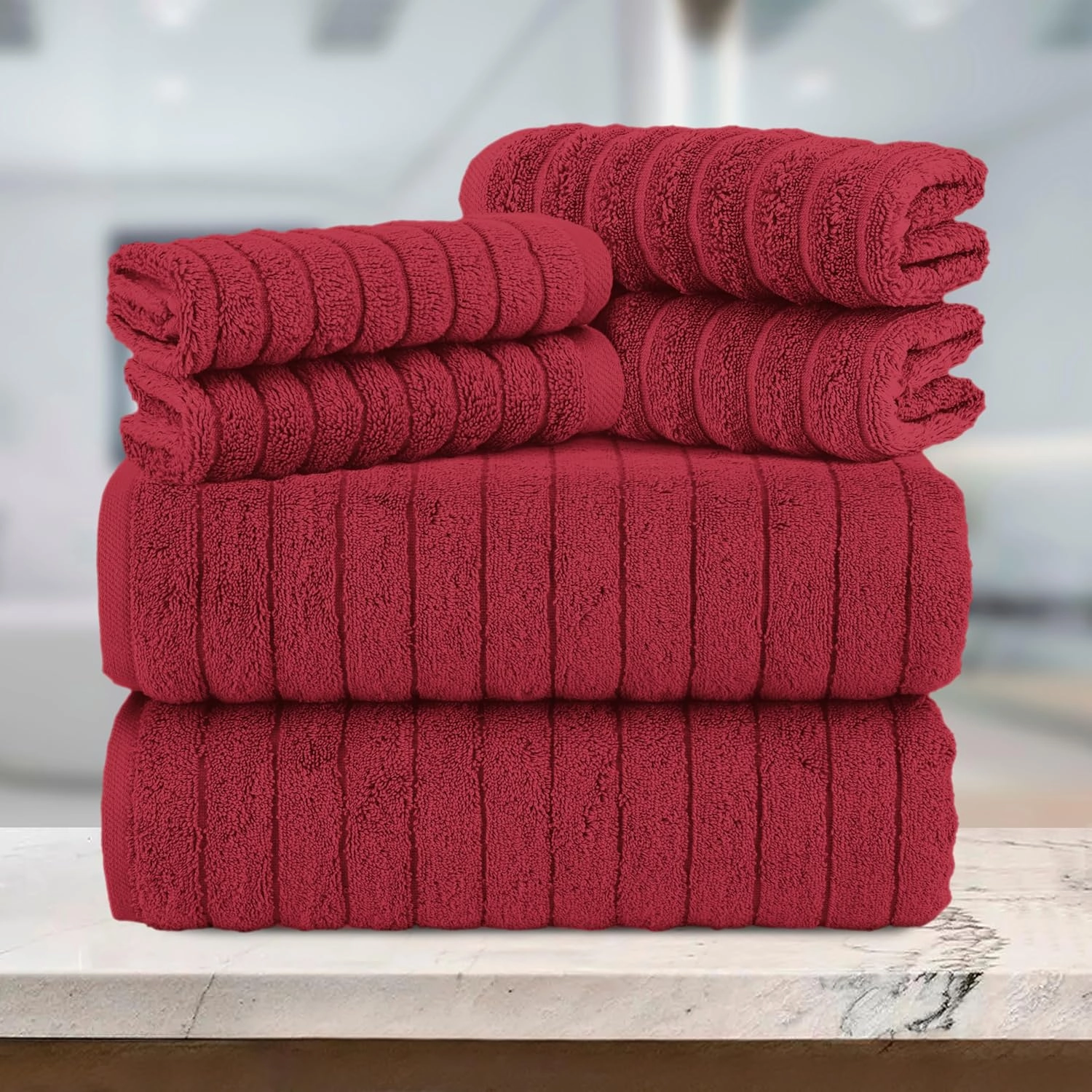 Elegant Comfort 100% Turkish Cotton Corduroy Ribbed Luxury Bath Towels 6-Piece Set, Premium Feel - Quick Dry, Highly Absorbent, Contains 2 Bath Towels, 2 Hand Towels, and 2 Washcloths, Burgundy
