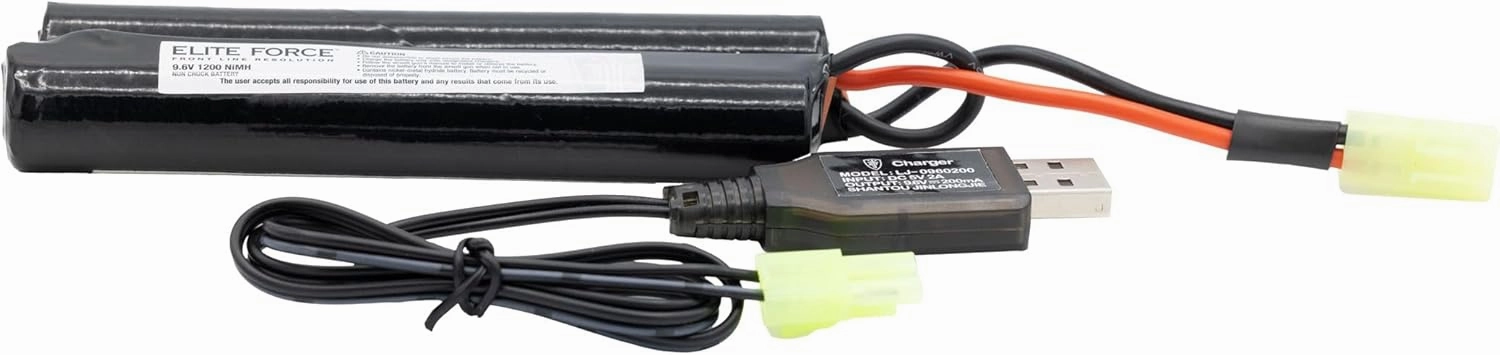 Elite Force Starter Power Pack Airsoft Battery for 6mm BB AEG Airsoft Guns, Includes 9.6V NiMH 1200 mAh Butterfly Battery and USB Charger