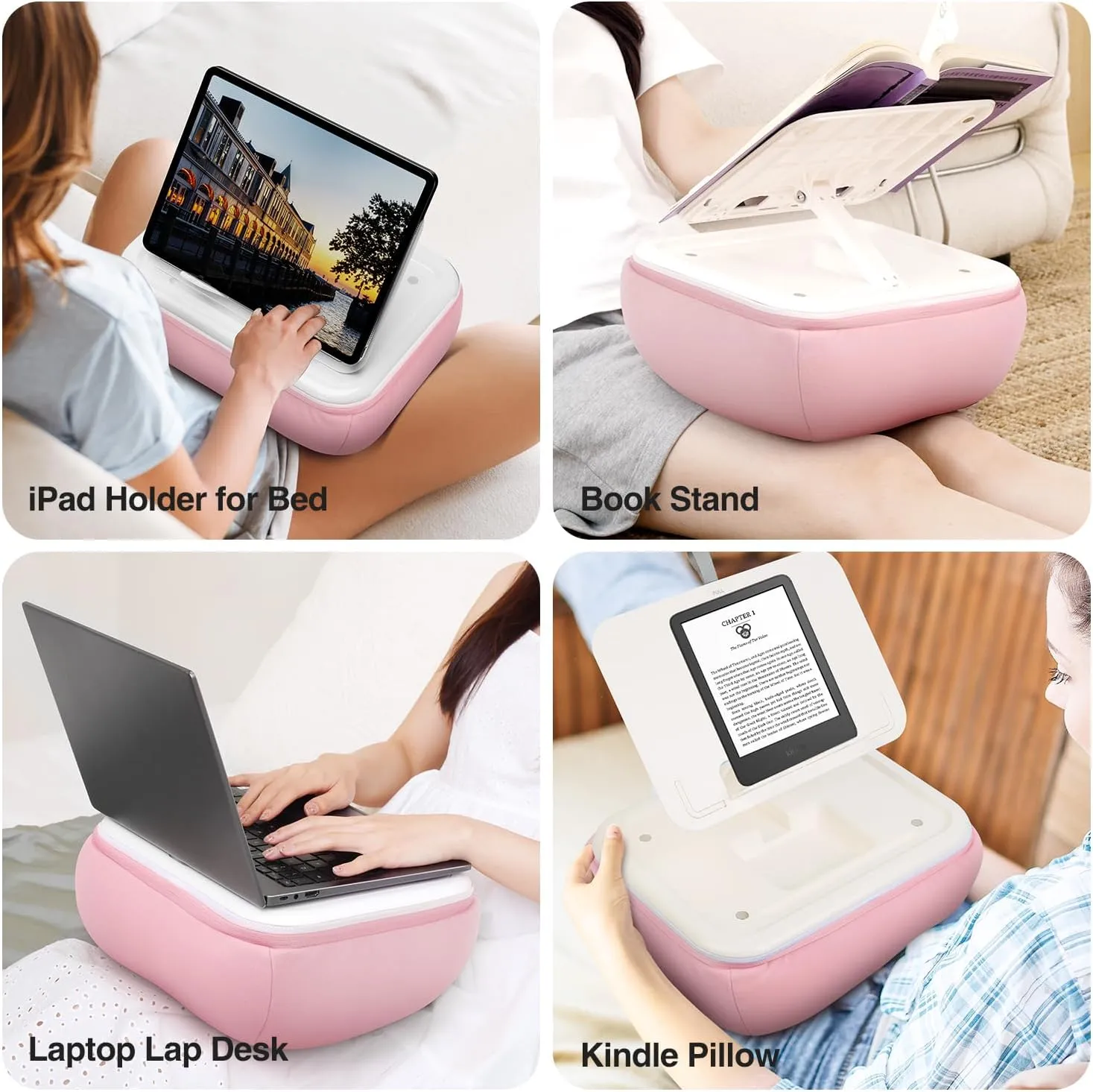 elitehood Tablet Pillow Stand, Foldable iPad Stand for Lap, Adjustable Book Bed Holder for Reading, Pillow Pad for 4.7"-15.6" Tablets, iPad Pro 11, 13, Air, Kindle, Galaxy Tab, Books, Pink
