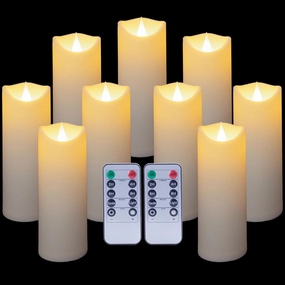Enido 9 Pc Flickering Flameless LED Candles with Remote Timer for Romantic Ambiance and Home Decoration Battery Operated Pillar with 3D Flame (D: 2.2” x H: 5”, 6”, 7”)