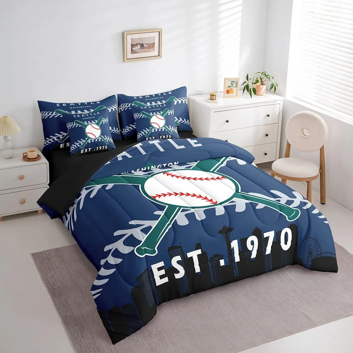 Erosebridal 7 Pcs Comforter Set Full Size,Kids Baseball Bed in a Bag with Flat Sheet and Fitted Sheet for Kids and Adults,Baseball City Bedding Set with Pillowcases and Cushion Cases(Seattle)