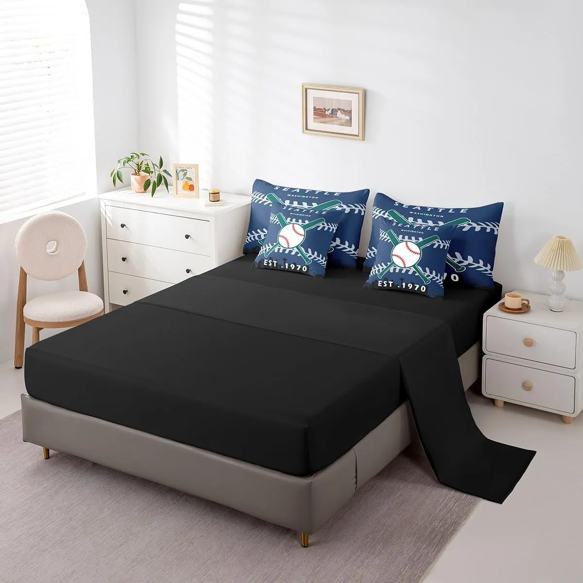 Erosebridal 7 Pcs Comforter Set Full Size,Kids Baseball Bed in a Bag with Flat Sheet and Fitted Sheet for Kids and Adults,Baseball City Bedding Set with Pillowcases and Cushion Cases(Seattle)