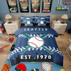 Erosebridal 7 Pcs Comforter Set Full Size,Kids Baseball Bed in a Bag with Flat Sheet and Fitted Sheet for Kids and Adults,Baseball City Bedding Set with Pillowcases and Cushion Cases(Seattle)