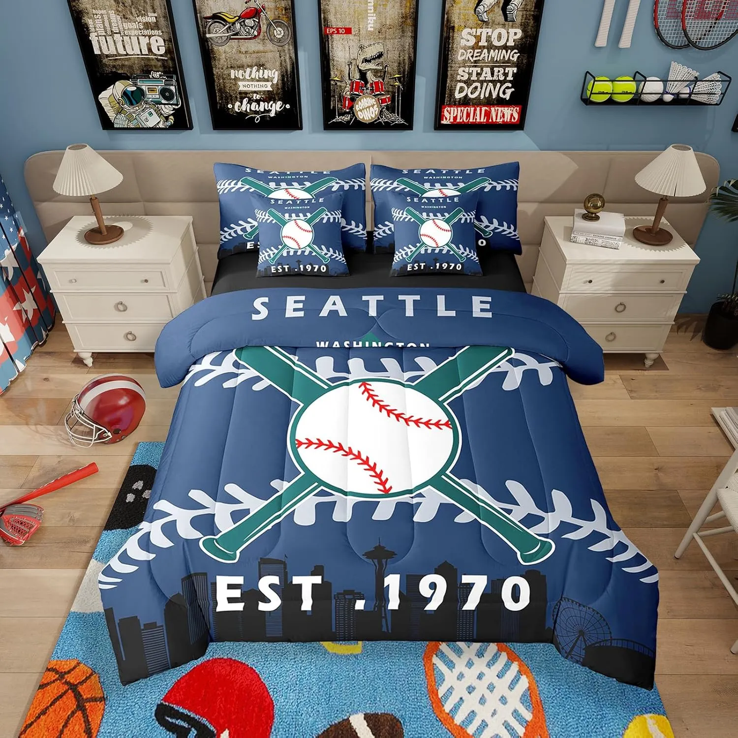 Erosebridal 7 Pcs Comforter Set Full Size,Kids Baseball Bed in a Bag with Flat Sheet and Fitted Sheet for Kids and Adults,Baseball City Bedding Set with Pillowcases and Cushion Cases(Seattle)