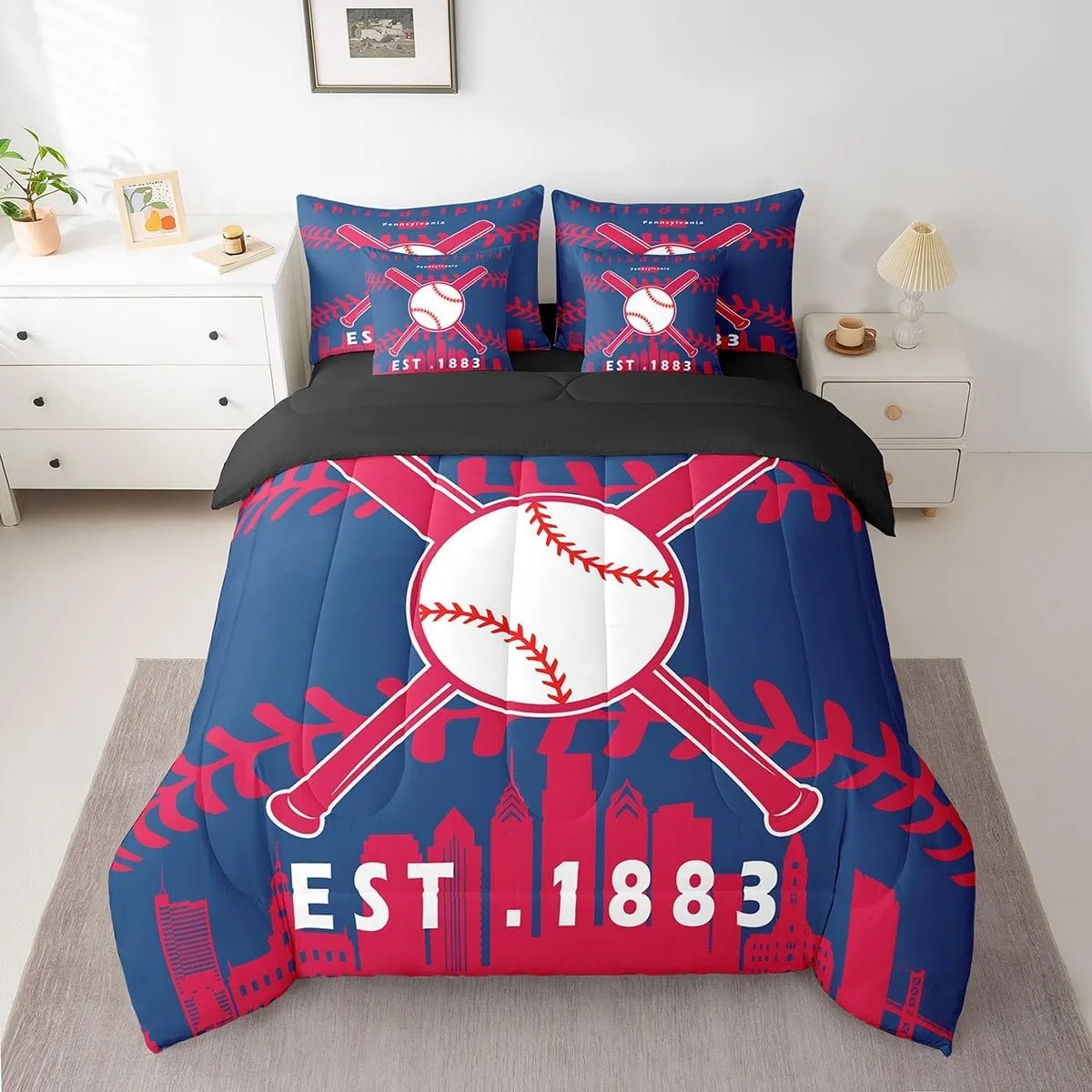 Erosebridal 7 Pcs Comforter Set Twin Size,Sports Bed in a Bag with Flat Sheet and Fitted Sheet for Kids and Adults,Baseball Bedding Set with Pillowcases and Cushion Cases(Philadelphia)