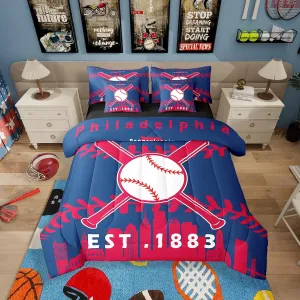 Erosebridal 7 Pcs Comforter Set Twin Size,Sports Bed in a Bag with Flat Sheet and Fitted Sheet for Kids and Adults,Baseball Bedding Set with Pillowcases and Cushion Cases(Philadelphia)