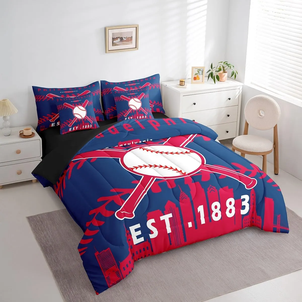 Erosebridal 7 Pcs Comforter Set Twin Size,Sports Bed in a Bag with Flat Sheet and Fitted Sheet for Kids and Adults,Baseball Bedding Set with Pillowcases and Cushion Cases(Philadelphia)