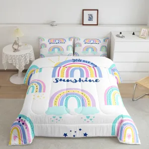Erosebridal Rainbow Comforters Twin Size Kids Pastel Rainbows Comforter Sets for Girls Boys Kawaii Room Decor Rainbow with Clouds Bedding Set Colorful Iridescent Print Down Comforter 1 Pillow Case