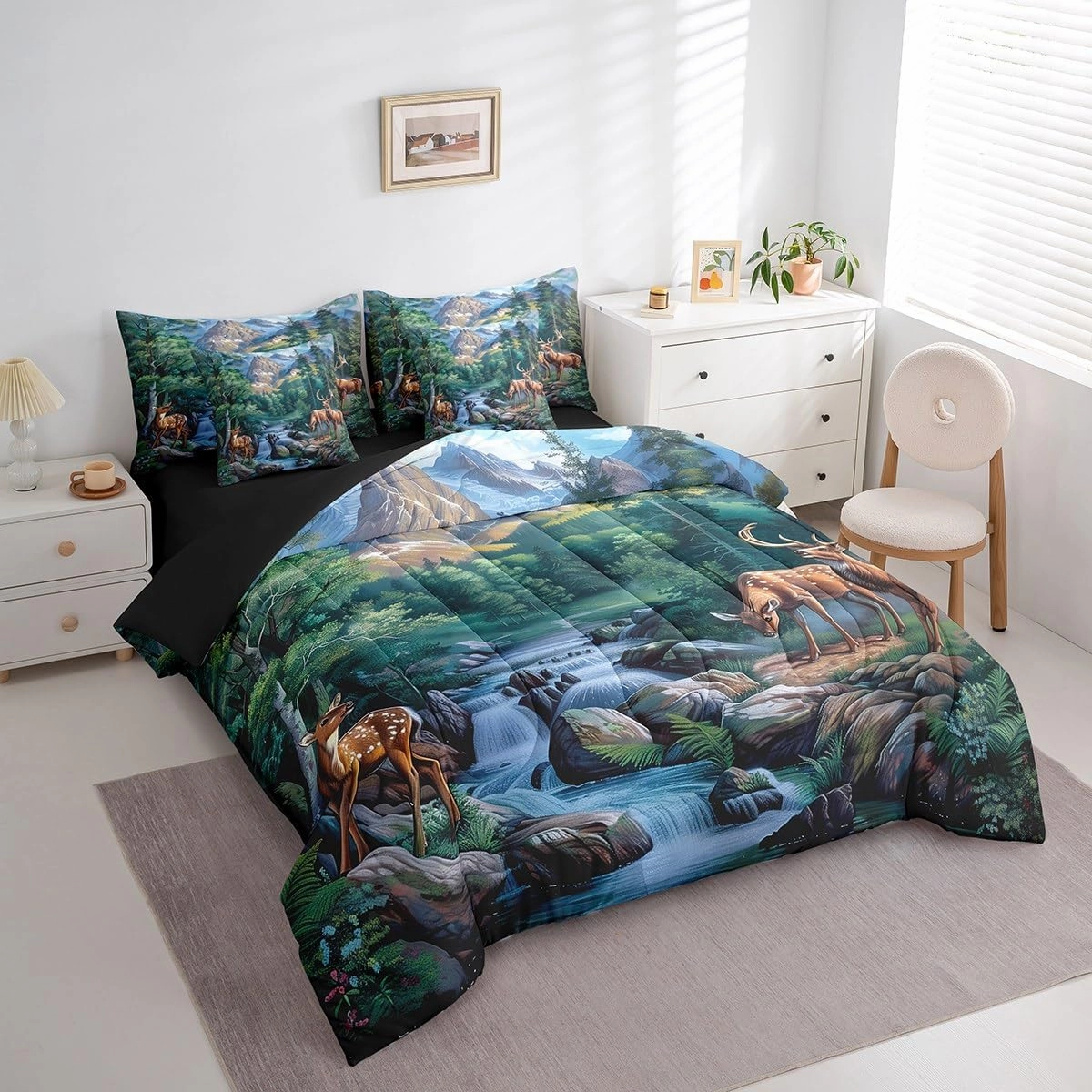 Erosebridal Deer Hunting Bedding Set Woodland Wildlife Bed in A Bag Nature Wild Deer Animal Twin Comforter Set 7 Piece Rustic Cabin Jungle Elk Sheet Set with Comforter for Kids Boys Girls Room Decor