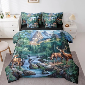 Erosebridal Deer Hunting Bedding Set Woodland Wildlife Bed in A Bag Nature Wild Deer Animal Twin Comforter Set 7 Piece Rustic Cabin Jungle Elk Sheet Set with Comforter for Kids Boys Girls Room Decor