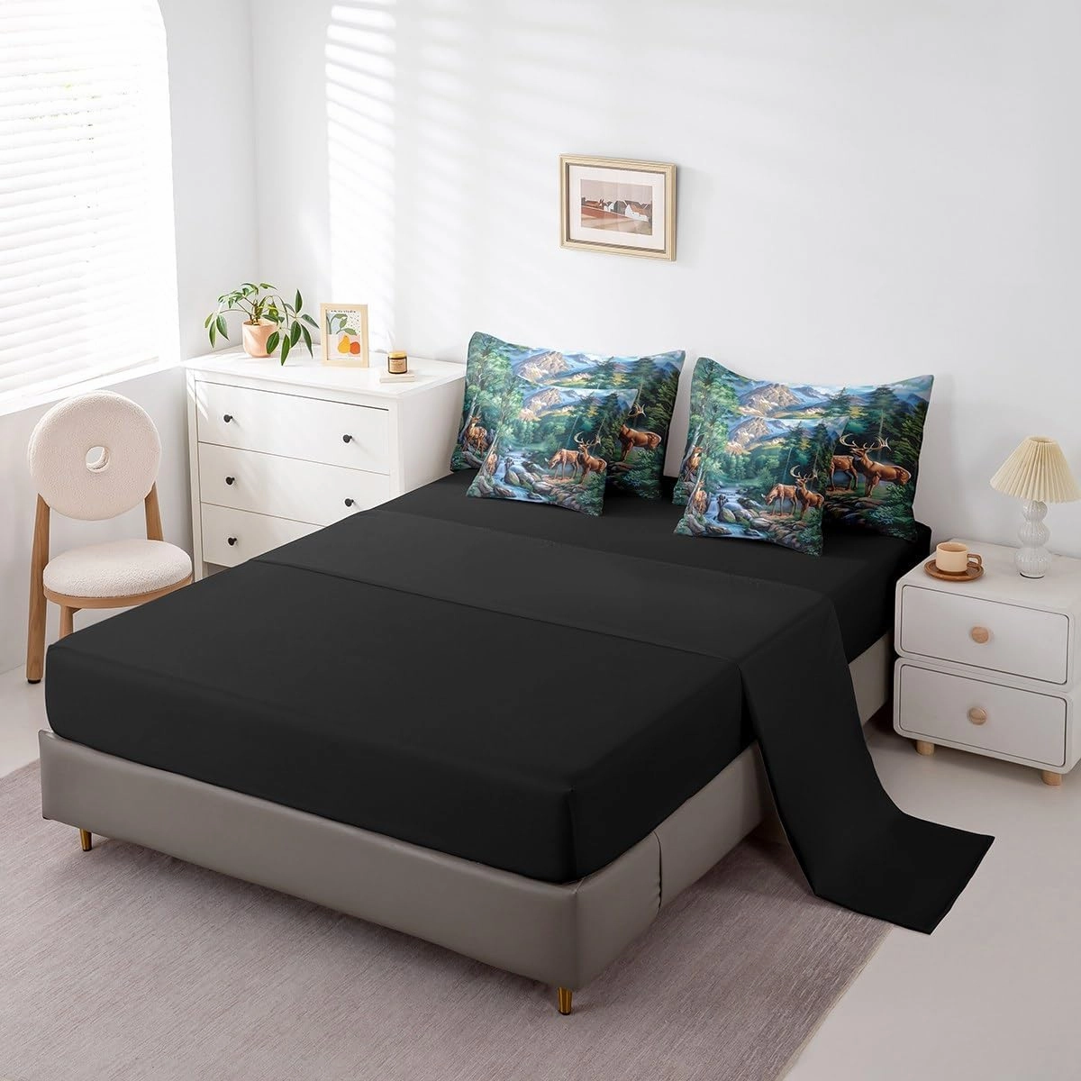Erosebridal Deer Hunting Bedding Set Woodland Wildlife Bed in A Bag Nature Wild Deer Animal Twin Comforter Set 7 Piece Rustic Cabin Jungle Elk Sheet Set with Comforter for Kids Boys Girls Room Decor