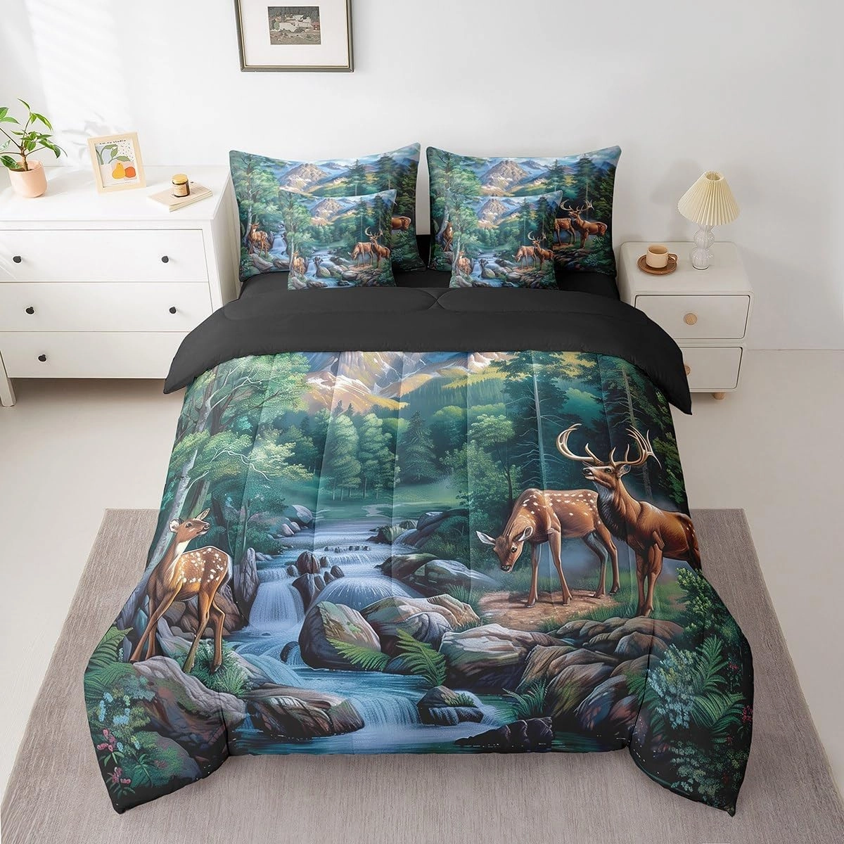 Erosebridal Deer Hunting Bedding Set Woodland Wildlife Bed in A Bag Nature Wild Deer Animal Twin Comforter Set 7 Piece Rustic Cabin Jungle Elk Sheet Set with Comforter for Kids Boys Girls Room Decor