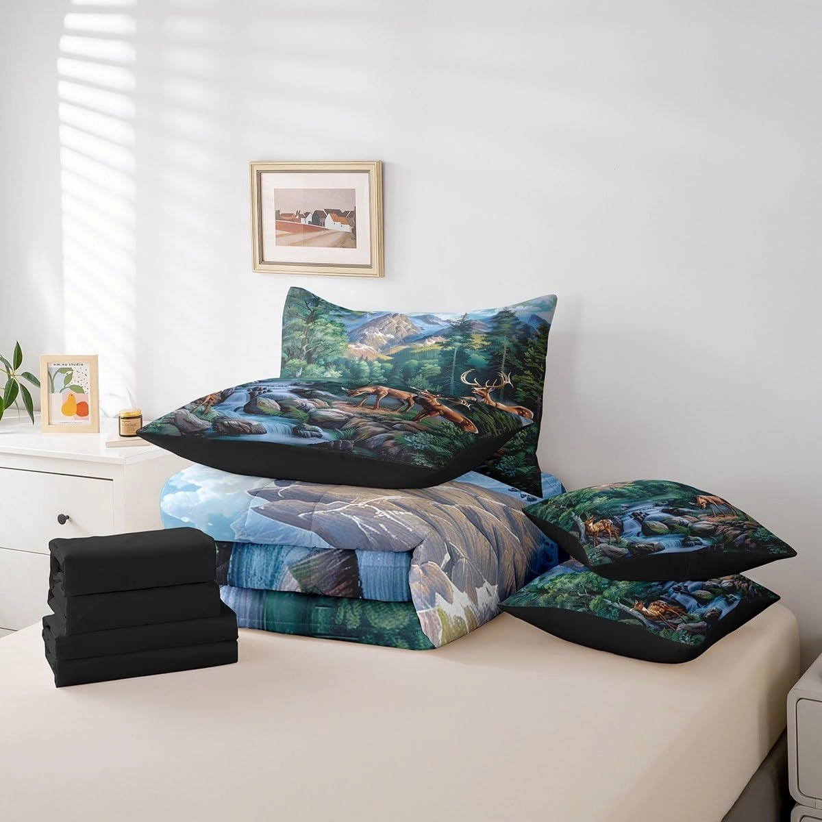 Erosebridal Deer Hunting Bedding Set Woodland Wildlife Bed in A Bag Nature Wild Deer Animal Twin Comforter Set 7 Piece Rustic Cabin Jungle Elk Sheet Set with Comforter for Kids Boys Girls Room Decor