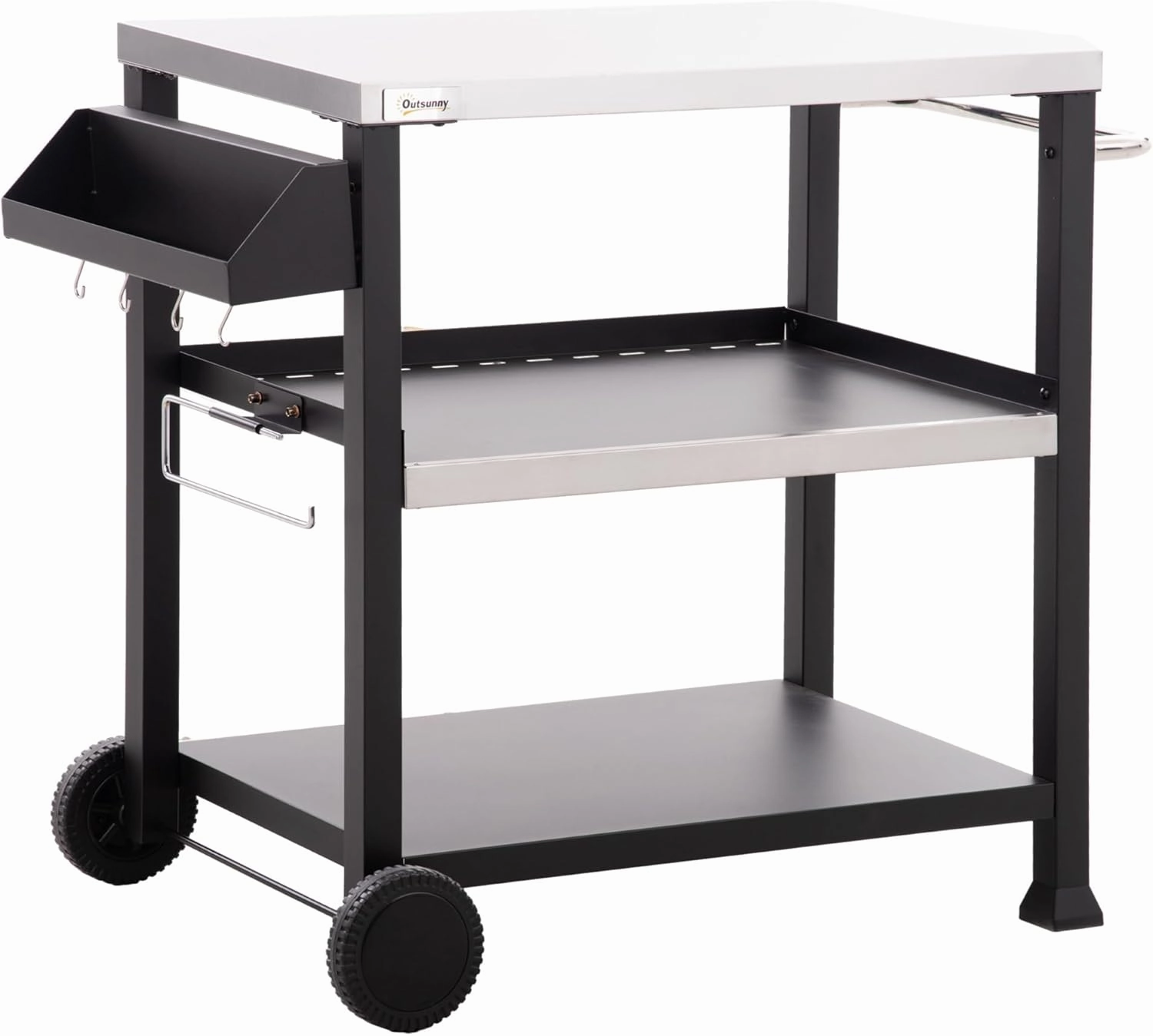 ESPIDOO 3-Tier Outdoor Kitchen Cart: Modern Black Metal Frame with Stainless Steel Tabletop, Multi-Shelf BBQ Prep Station for Patio, Poolside & Backyard Cooking - Portable Grill Cart on Wheels for Hom