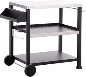 ESPIDOO 3-Tier Outdoor Kitchen Cart: Modern Black Metal Frame with Stainless Steel Tabletop, Multi-Shelf BBQ Prep Station for Patio, Poolside & Backyard Cooking - Portable Grill Cart on Wheels for Hom