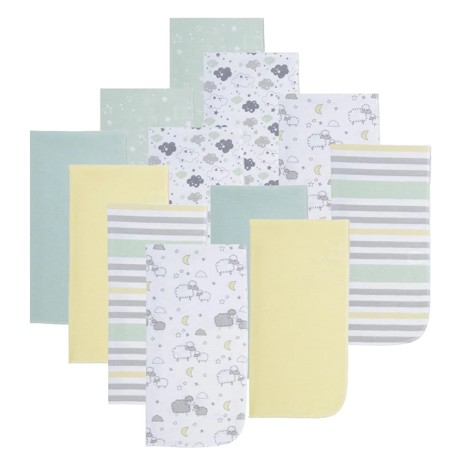 EVERYDAY KIDS 12 Pack Burp Cloths for Baby Boys and Girls - Sheeps, Clouds and Stars