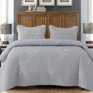 Exclusivo Mezcla Reversible Boho Quilt Set Queen Size, 3 Pieces Flowers Grey All Season Bedspreads, Ultra Soft Floral Coverlet Bedding Set with Printed Pattern (1 Quilt, 2 Pillow Shams)