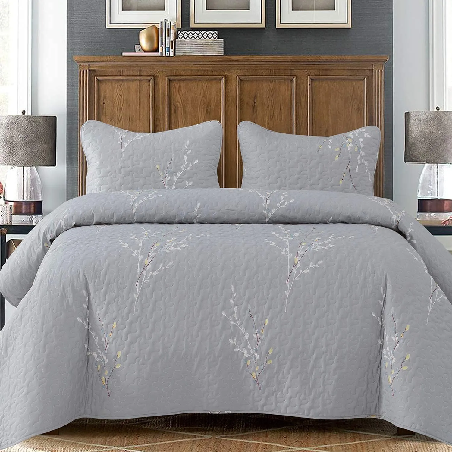 Exclusivo Mezcla Reversible Boho Quilt Set Queen Size, 3 Pieces Flowers Grey All Season Bedspreads, Ultra Soft Floral Coverlet Bedding Set with Printed Pattern (1 Quilt, 2 Pillow Shams)