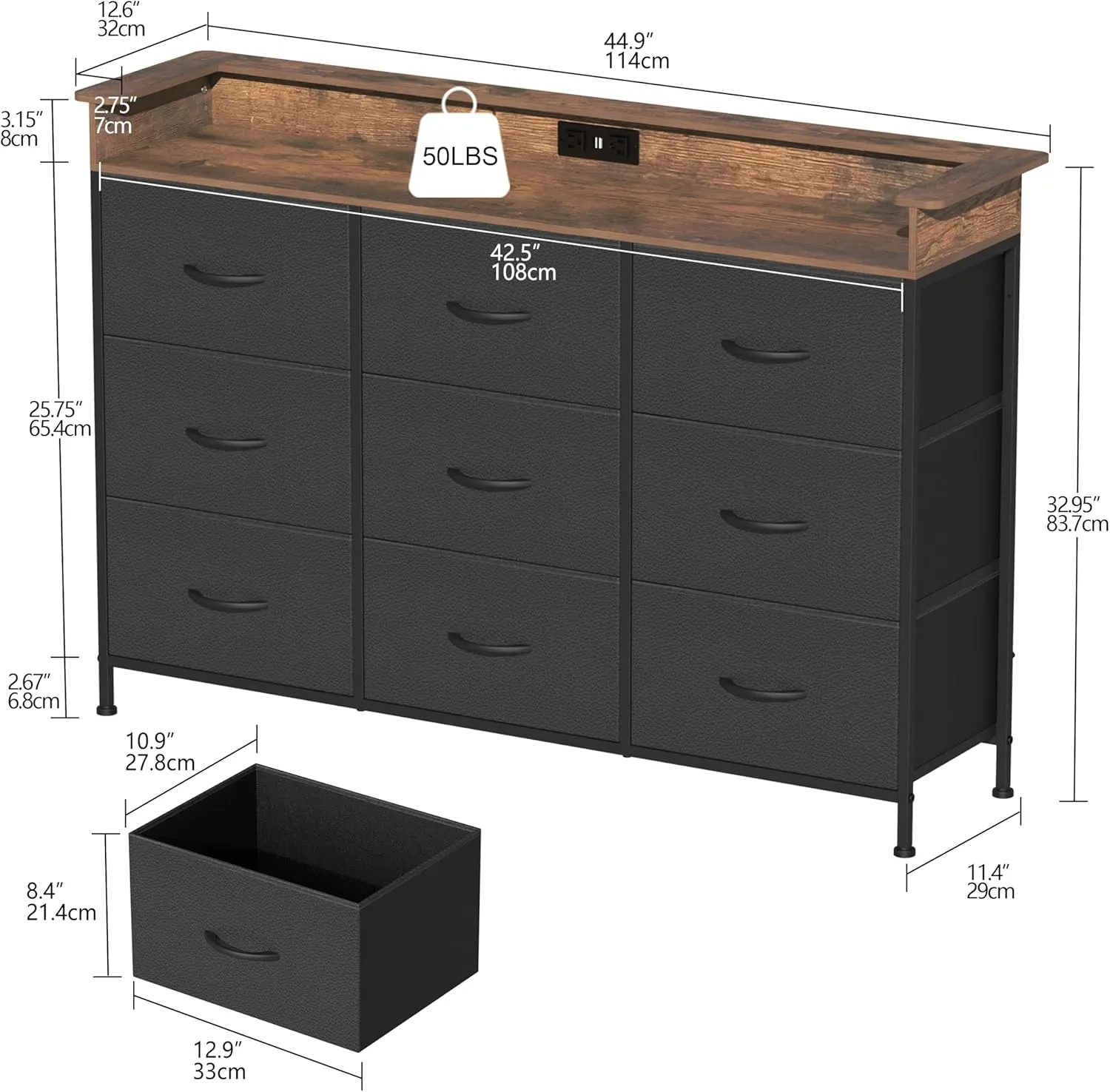 EXOTICA Black Dresser for Bedroom with Charging Station 9 Drawers Dresser with LED Light and USB Ports for Hallway Entryway Closets Sturdy Steel Frame Wood Top (Faux Leather Fabric Drawer)