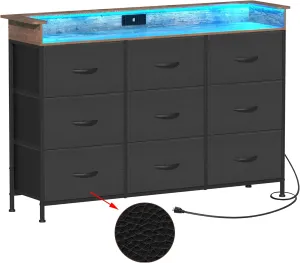 EXOTICA Black Dresser for Bedroom with Charging Station 9 Drawers Dresser with LED Light and USB Ports for Hallway Entryway Closets Sturdy Steel Frame Wood Top (Faux Leather Fabric Drawer)