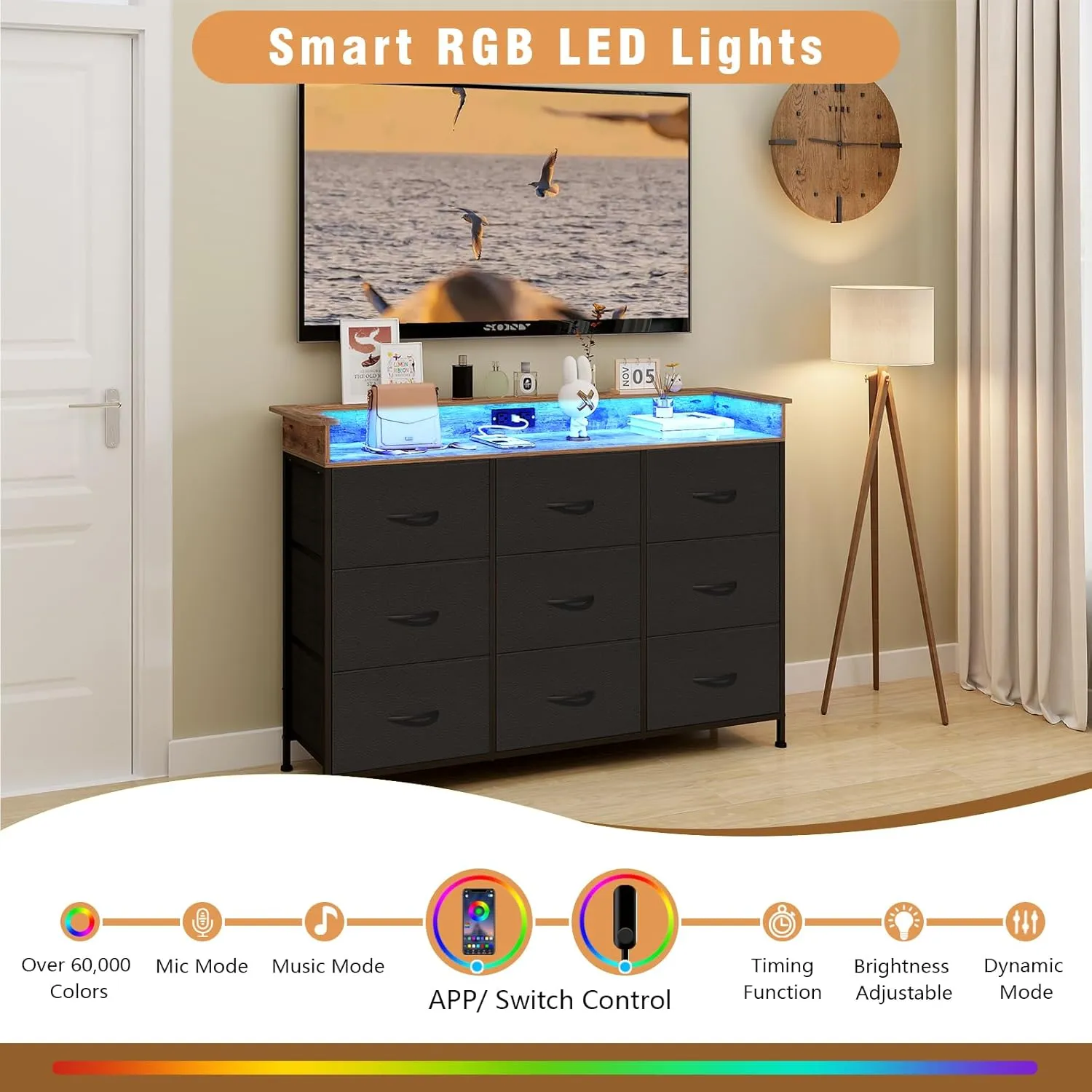 EXOTICA Black Dresser for Bedroom with Charging Station 9 Drawers Dresser with LED Light and USB Ports for Hallway Entryway Closets Sturdy Steel Frame Wood Top (Faux Leather Fabric Drawer)
