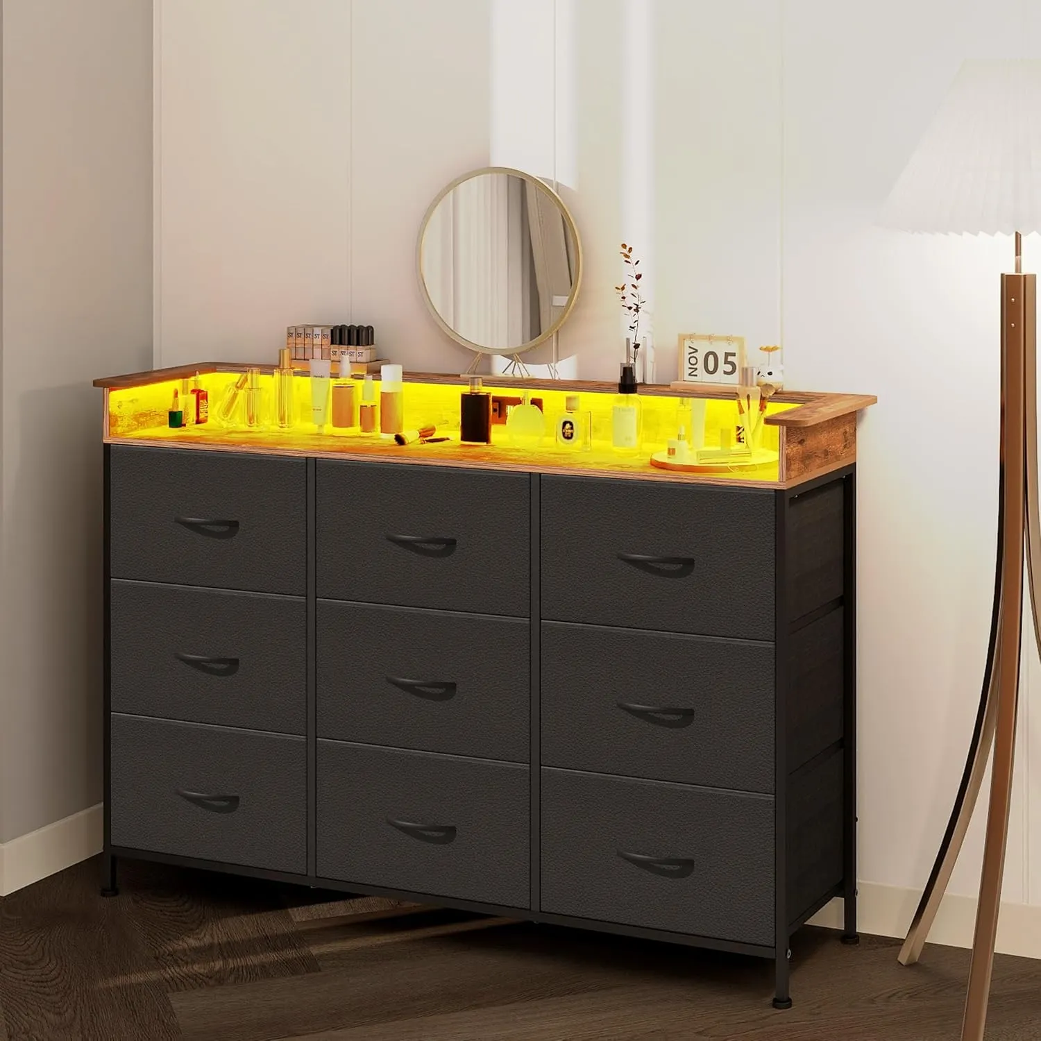 EXOTICA Black Dresser for Bedroom with Charging Station 9 Drawers Dresser with LED Light and USB Ports for Hallway Entryway Closets Sturdy Steel Frame Wood Top (Faux Leather Fabric Drawer)