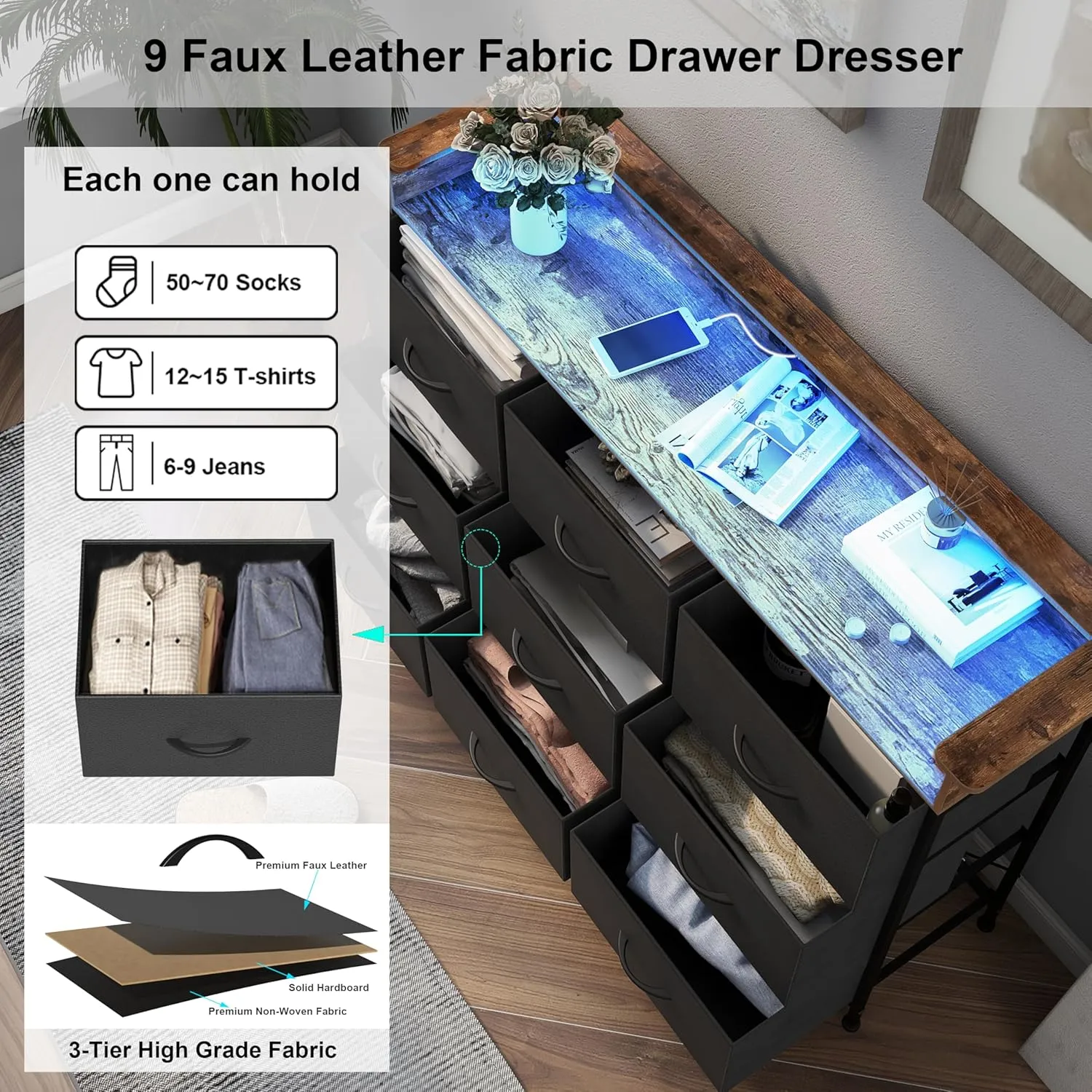 EXOTICA Black Dresser for Bedroom with Charging Station 9 Drawers Dresser with LED Light and USB Ports for Hallway Entryway Closets Sturdy Steel Frame Wood Top (Faux Leather Fabric Drawer)