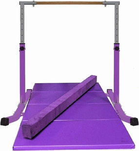 Expandable Gymnastics Kip Bar Set with Balance Beam, 6'x4' Mat for Kids, Horizontal Bar Junior Gymnastic Training Exercise Gymnast Home Gym Adjustable 3 to 5 FT Fiberglass Rail (Purple)