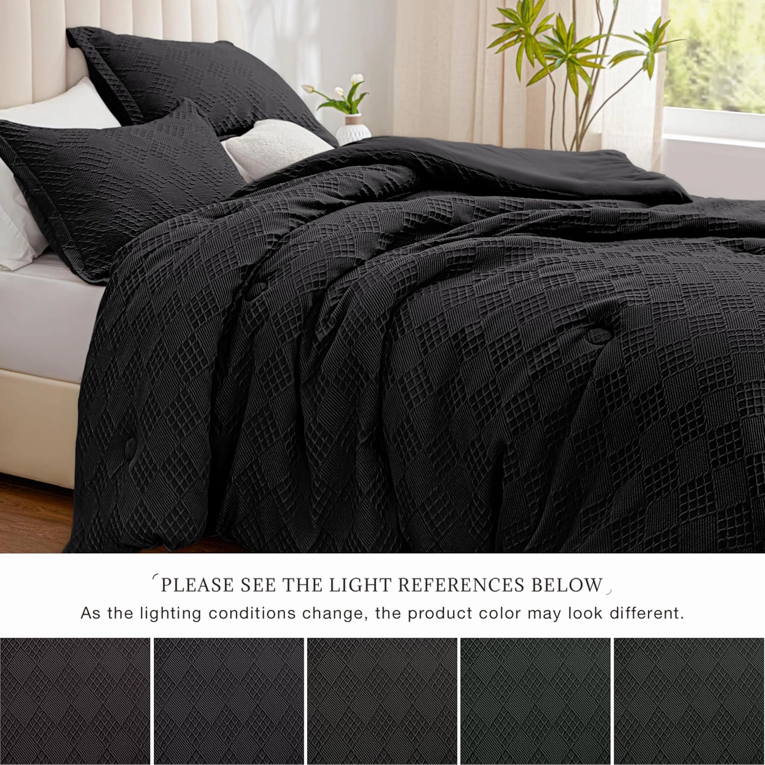 EXQ Home Waffle Comforter Queen Size - Super Soft Embossed Design Comforter Set 3 Pieces, Black 3D Diamond Pattern Bedding Set,Winter Warm Bed Set,1 Comforter with 2 Pillowcases
