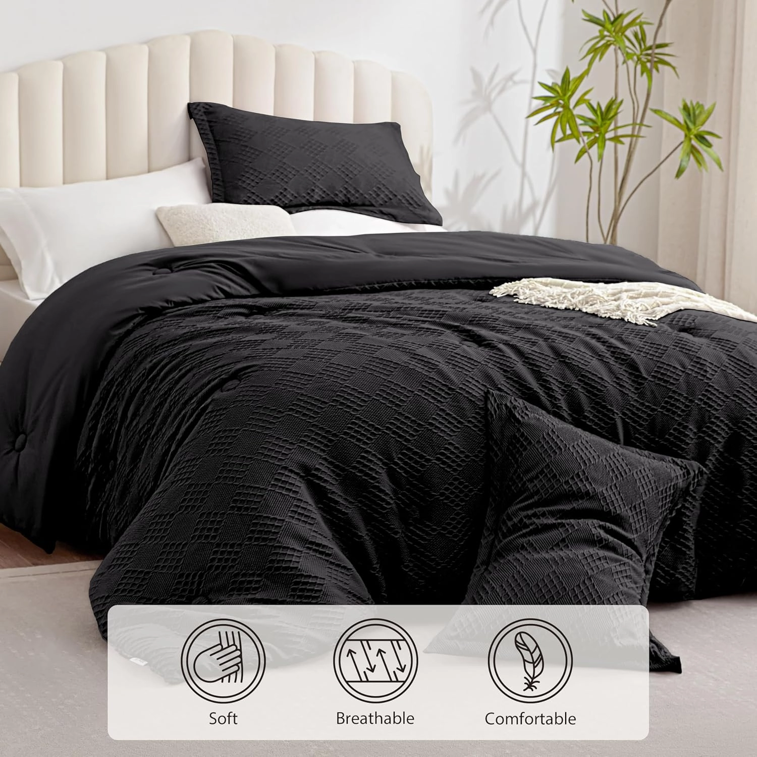EXQ Home Waffle Comforter Queen Size - Super Soft Embossed Design Comforter Set 3 Pieces, Black 3D Diamond Pattern Bedding Set,Winter Warm Bed Set,1 Comforter with 2 Pillowcases