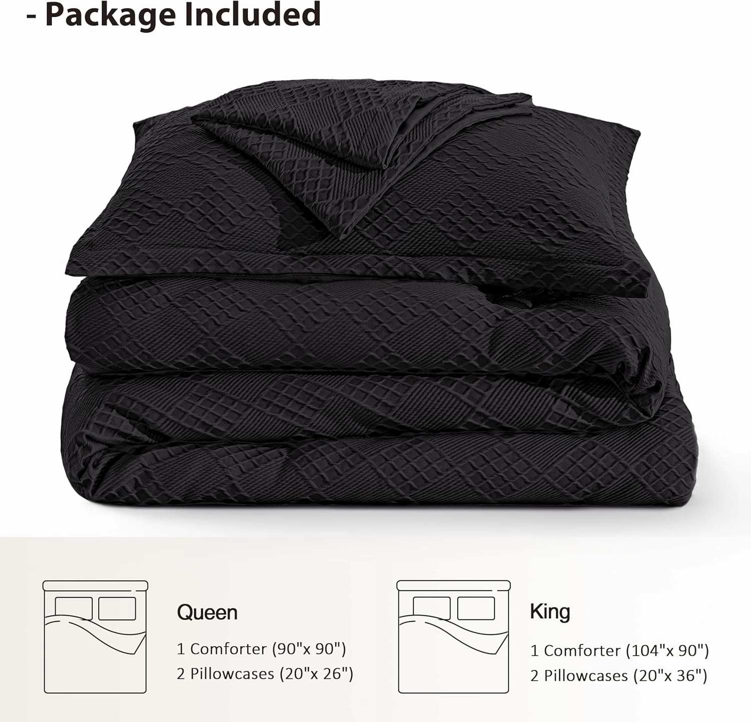 EXQ Home Waffle Comforter Queen Size - Super Soft Embossed Design Comforter Set 3 Pieces, Black 3D Diamond Pattern Bedding Set,Winter Warm Bed Set,1 Comforter with 2 Pillowcases