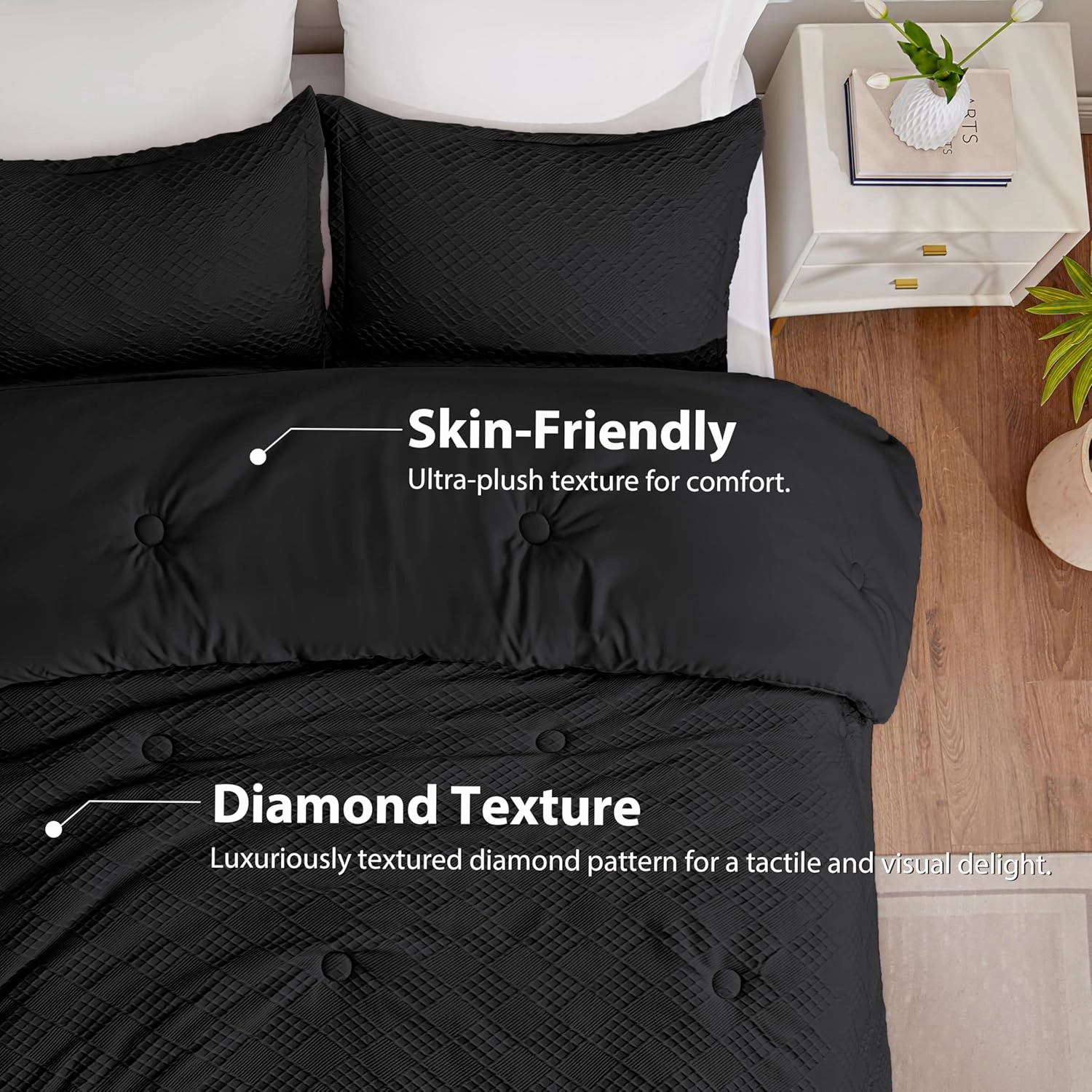 EXQ Home Waffle Comforter Queen Size - Super Soft Embossed Design Comforter Set 3 Pieces, Black 3D Diamond Pattern Bedding Set,Winter Warm Bed Set,1 Comforter with 2 Pillowcases