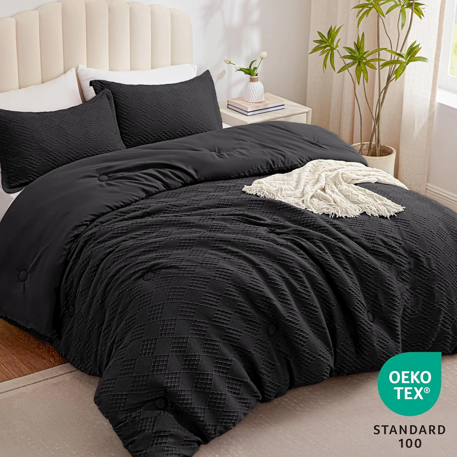 EXQ Home Waffle Comforter Queen Size - Super Soft Embossed Design Comforter Set 3 Pieces, Black 3D Diamond Pattern Bedding Set,Winter Warm Bed Set,1 Comforter with 2 Pillowcases