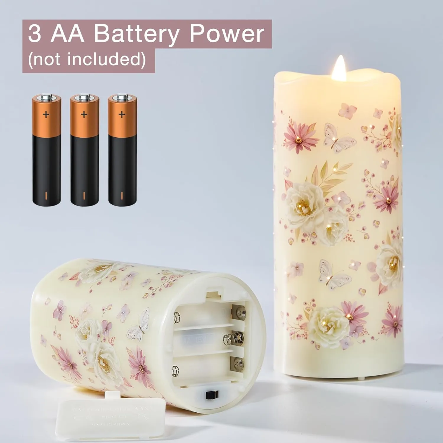 Eywamage Fiber Optic Flameless Candles with Remote, Floral Candles Battery Operated, Flickering LED Pillar Candles Set of 3