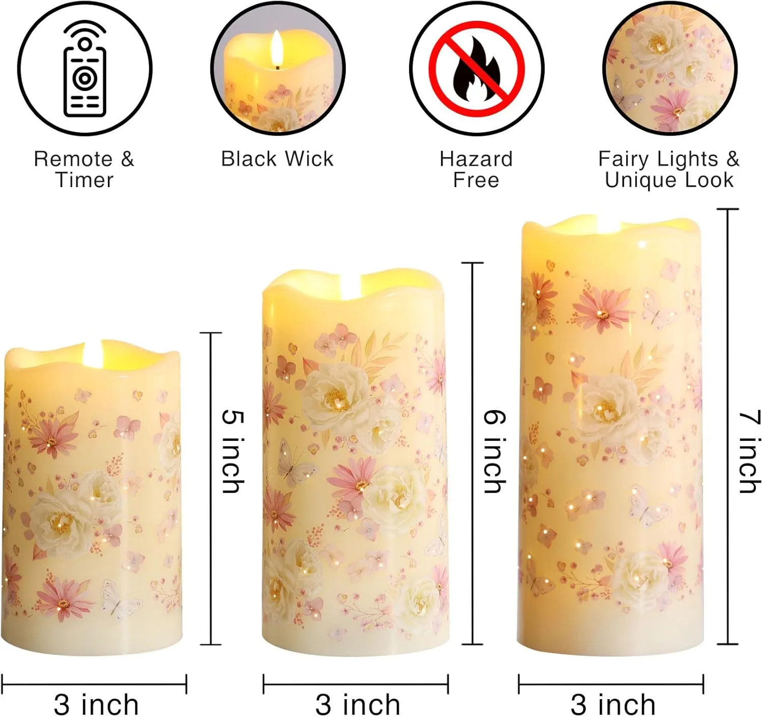 Eywamage Fiber Optic Flameless Candles with Remote, Floral Candles Battery Operated, Flickering LED Pillar Candles Set of 3