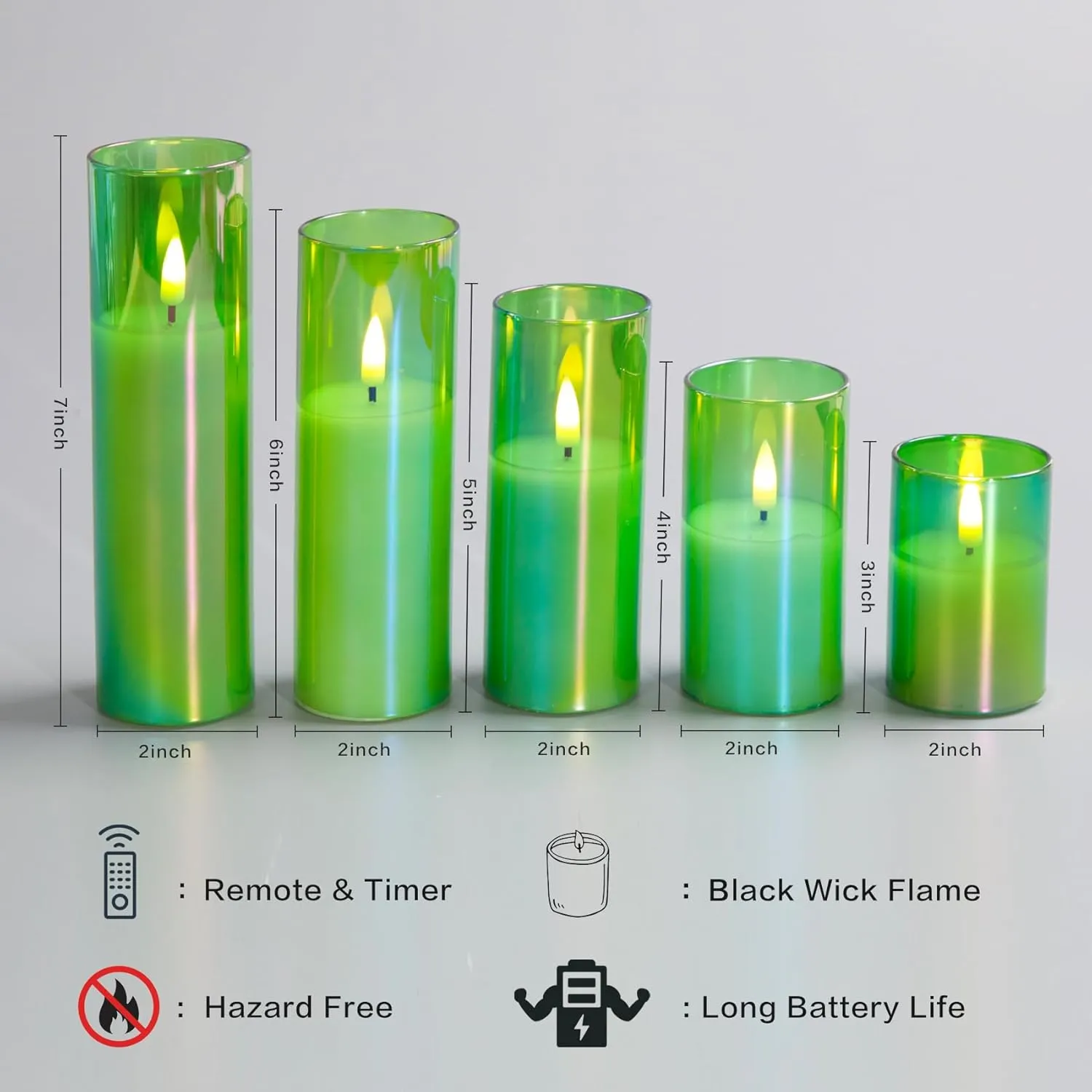 Eywamage Green Glass Flameless Candles with Remote Batteries, Flickering Slim Tall LED Pillar Votive Candles Set of 5