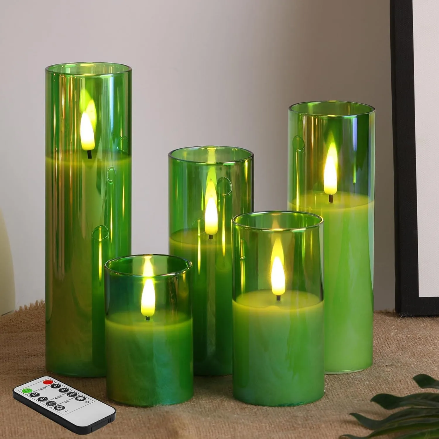 Eywamage Green Glass Flameless Candles with Remote Batteries, Flickering Slim Tall LED Pillar Votive Candles Set of 5