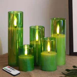 Eywamage Green Glass Flameless Candles with Remote Batteries, Flickering Slim Tall LED Pillar Votive Candles Set of 5