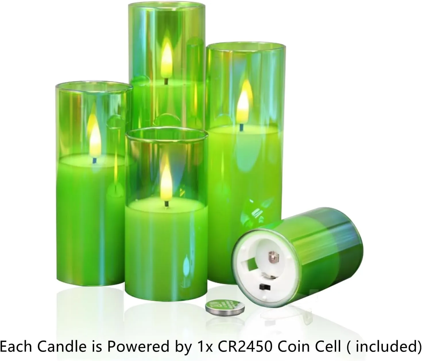 Eywamage Green Glass Flameless Candles with Remote Batteries, Flickering Slim Tall LED Pillar Votive Candles Set of 5