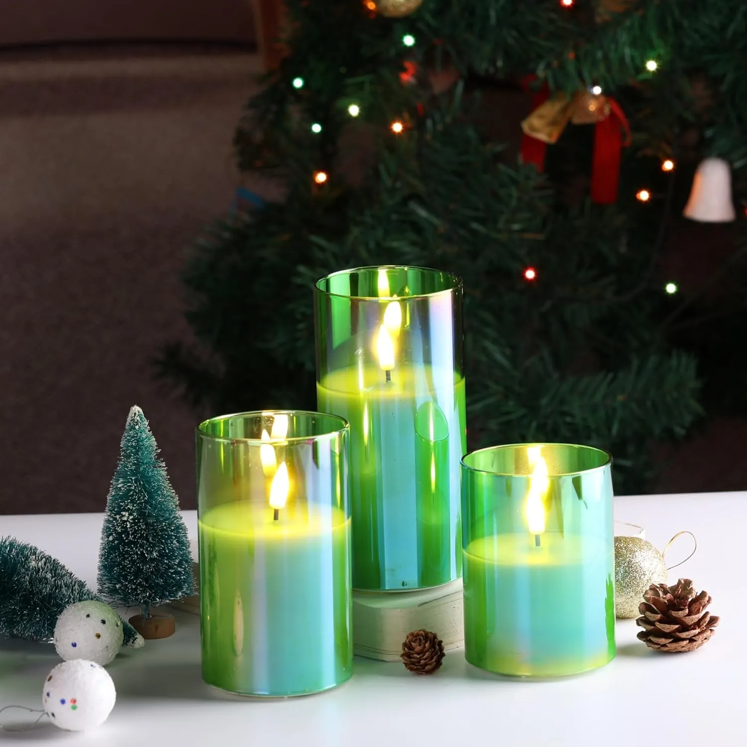 Eywamage Green Glass Flameless Pillar Candles with Remote, Flickering Battery LED Wax Candles Set of 3