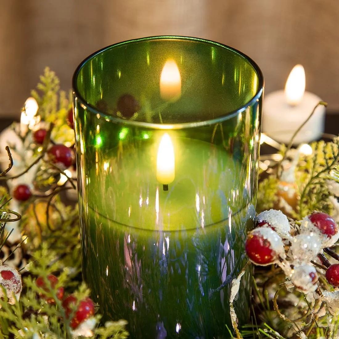 Eywamage Green Glass Flameless Pillar Candles with Remote, Flickering Battery LED Wax Candles Set of 3
