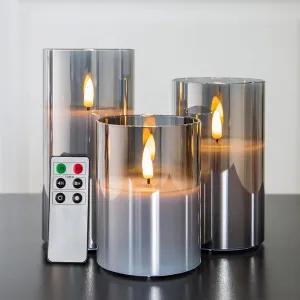 Eywamage Smoke Grey Glass Flameless Candles with Remote, Flickering Battery Operated LED Pillar Candles Set of 3, Home Decor